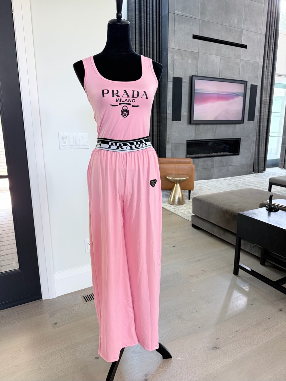 Prada Pink Milano Logo Tank with Wide-Leg Pants with pockets size S